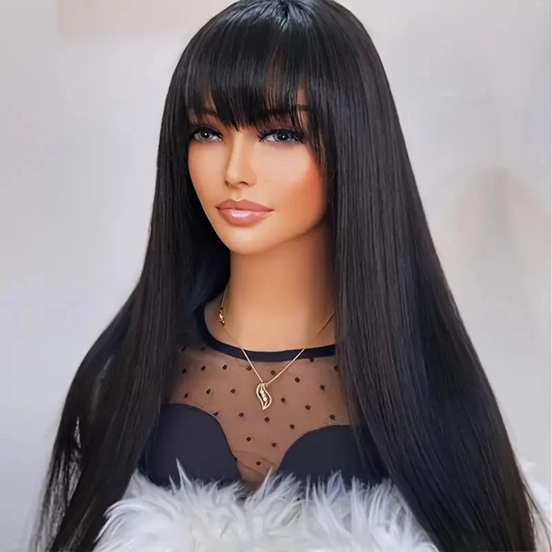 

Alimice Long Straight Machine Made Wigs with Bangs Glueless Straight Virgin Human Hair Machine Lace Front Natural Color