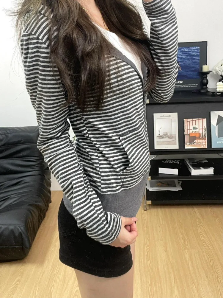 Slim Fit Gestreept Sweatshirt Met Capuchon Dames Y2k Zip-Up Capuchon 2025, Herfst Lange Mouw Tops Mode Casual Jas