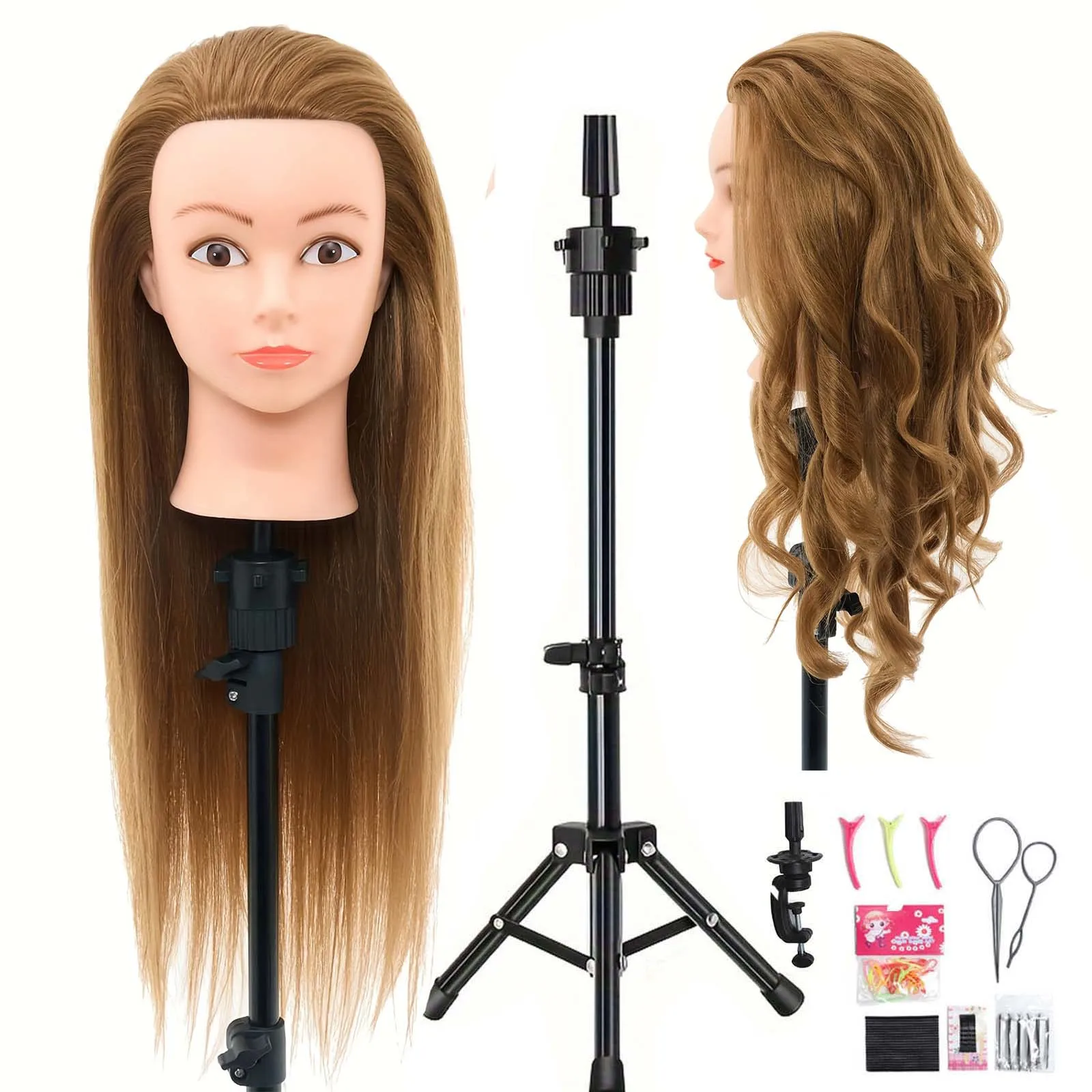 100% Real Human Hair Mannequin Head 22-24” Cosmetology Doll Head to Practice Hairstyles Manikin Head And Individual Tripod Stand