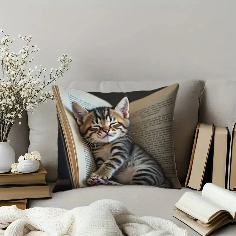 Cute Sleeping Pose Cat Pattern Pillowcase Single-sided Print Home Sofa  Living Room Decoration 17.7X17.7 Inches （NO Insert)