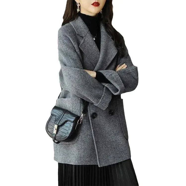 Women Elegant Coats Turn Down Collar Jackets Single Breasted Wool Coat Thick Work Blends Mid Length Coat Autumn Winter Jackets