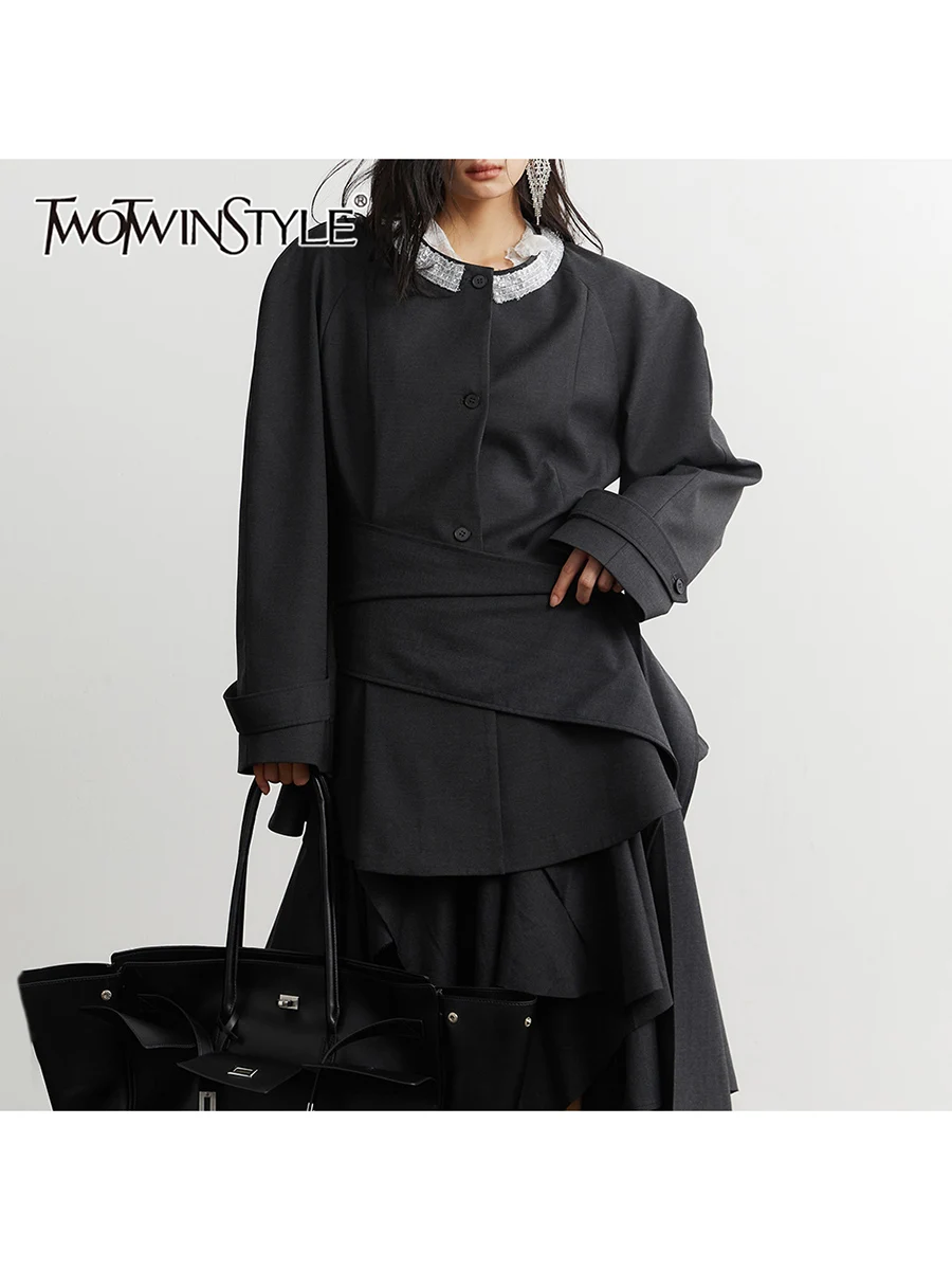 

TWOTWINSTYLE Solid Spliced Beading Irregular Blazers for Women O Neck Long Sleeves Patchwork Ruffles Design Sense Blazer Female