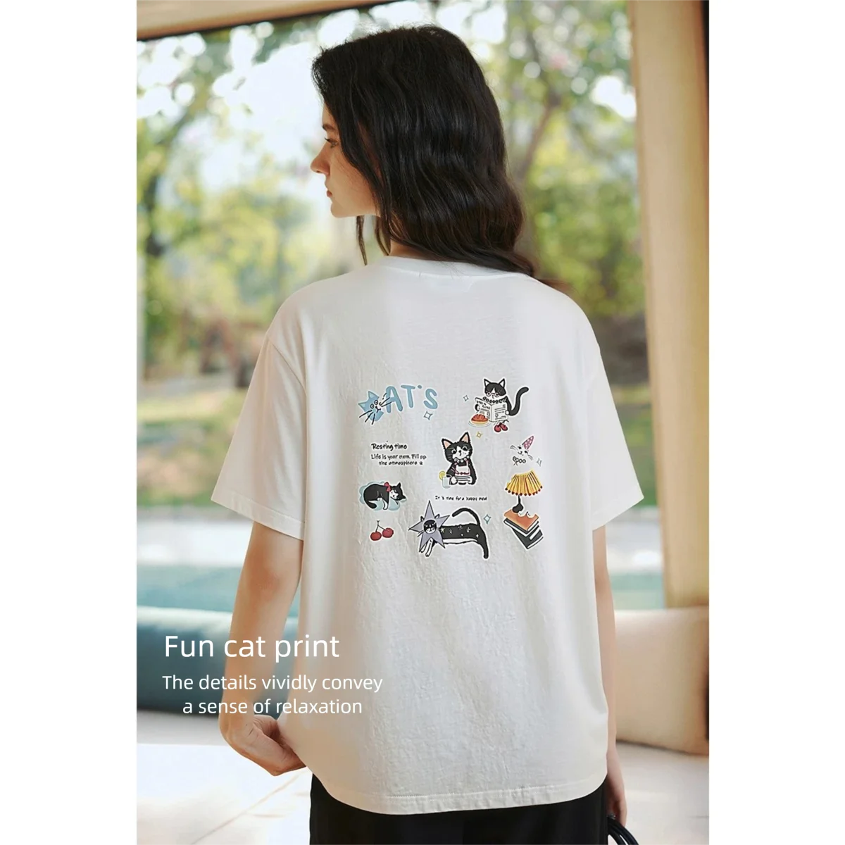 OLrain White Pure Cotton Women's T-shirt 2026 Summer Casual Round Neck Cartoon Cat Print Loose Short Sleeve Top O58XT006086