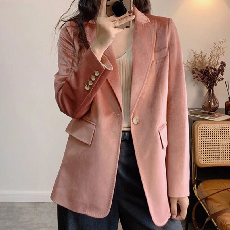 

Spring Western Style Unique Sweet and Spicy Fairy Fragrance Dried Rose Pink Velvet Suit Coat for Women