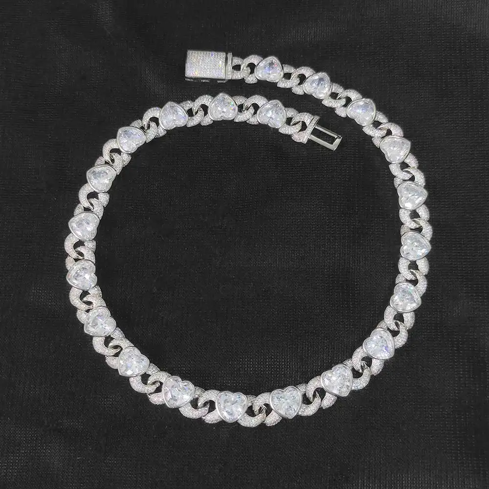 

12MM CZ Miami Large Iced Out Heart Shape Cuban Link Chain Bling Hip Hop Rapper Heart Cuban Link Choker Necklace Women