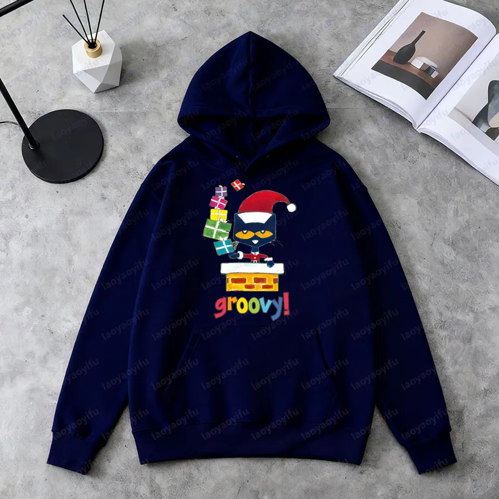 Pete The Cat Groovy Christmas Sweatshirt Funny Santa Cat Clothing Cute Holiday Gift Women Hoodies Casual Fall Winter Apparel