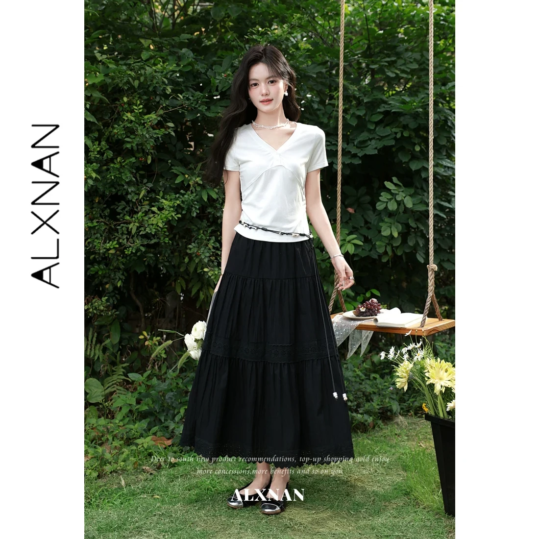 

ALXNAN White V-neck T-shirt Elegant Waist Pleated Short Sleeve T-shirts 2026 Summer Casual Basic Fashion Female Clothing L63215