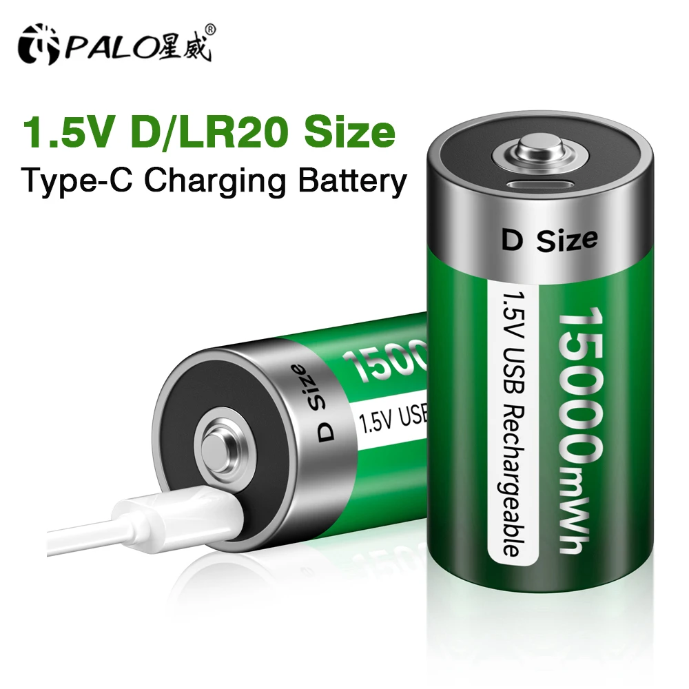 PALO 100% Original 1.5V D Size Rechargeable Battery Type-C USB Charging D R20 LR20 Li-ion Batteries Battery For Heater Gas Stove