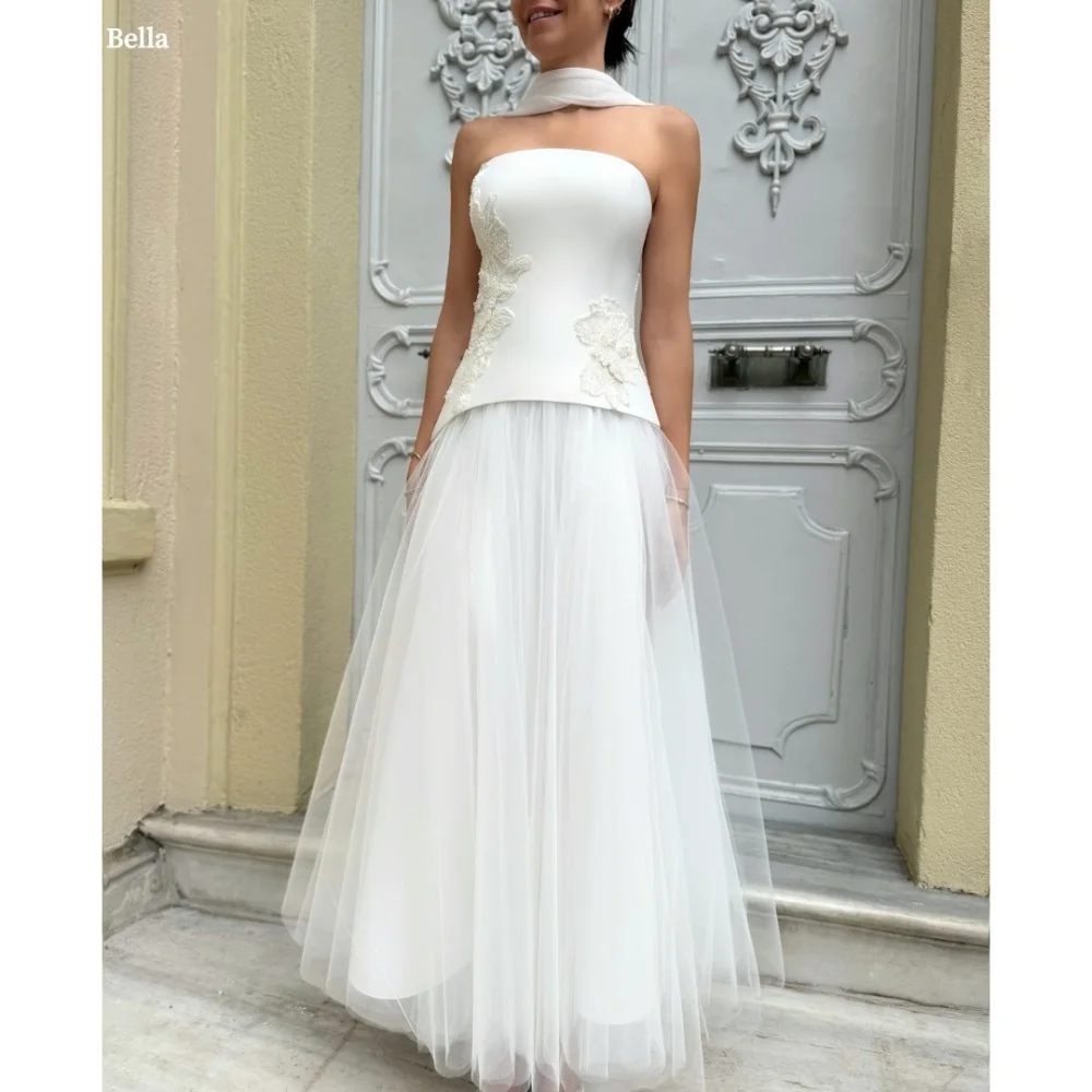 

Bella Customized White Flowers Embroidery Two-Piece Set robes de soirée Strapless Evening Dresses Ankle-Length Wedding Dress