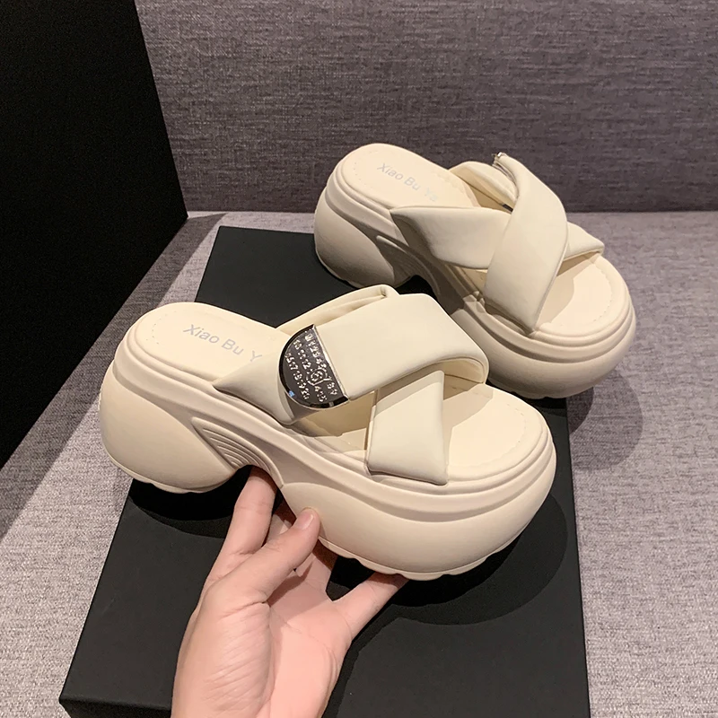 

New Women Summer Open Toe Cross Strap Metal Buckle Chunky Block Heels Platform Mules Slides Casual Street Sandals Slippers Shoes