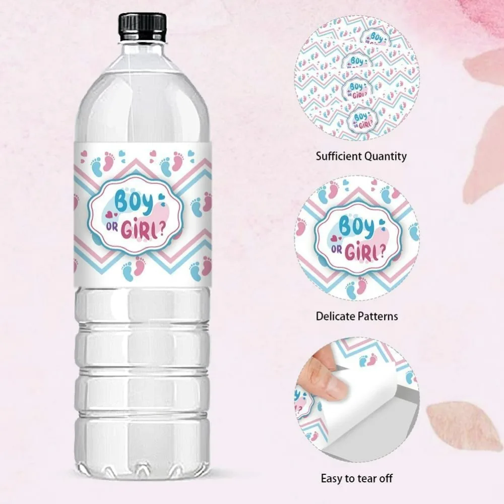 30pcs Gender Reveal Water Bottle Labels, Shower Bottle Stickers Decorative Bottle Wrappers Footprints Waterproof Wraps