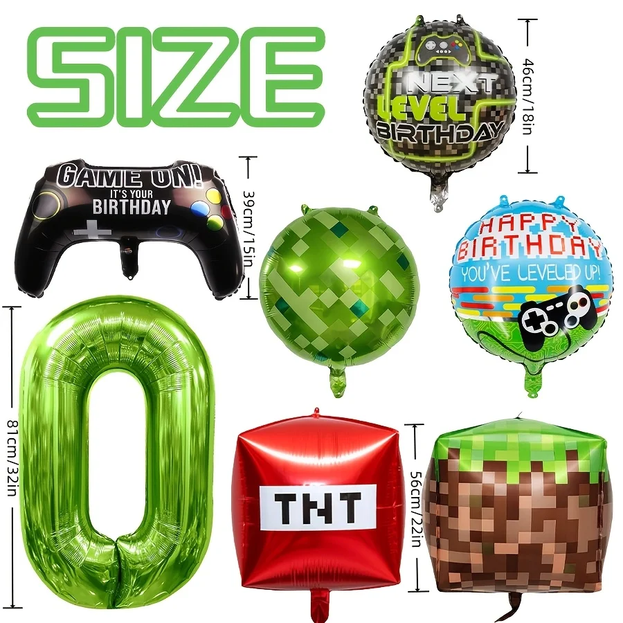 Zahlenballon-Set 0-9 - TNT, Pixel-Block & Gaming-Controller Folienballons, "Next Level" Gaming Geburtstagsparty Dekoration