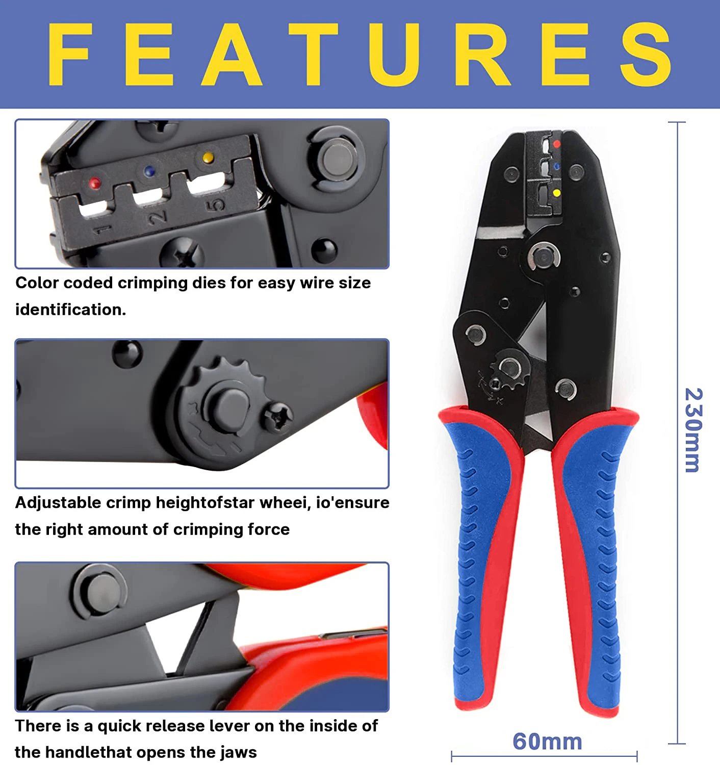 WOZOBUY Terminals Crimp Pliers Interchangeable Dies Wire Crimper Crimping Tools Ratcheting，with120/360pcs T-Tap Wire Connectors