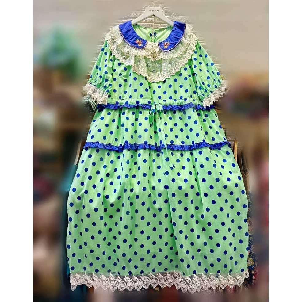 

Vintage Female Cotton Embroidery Polka Ruffled Tea Length Tunic Midi Dress Summer Retro Chic Sweet Lolita Edwardian Green Dress