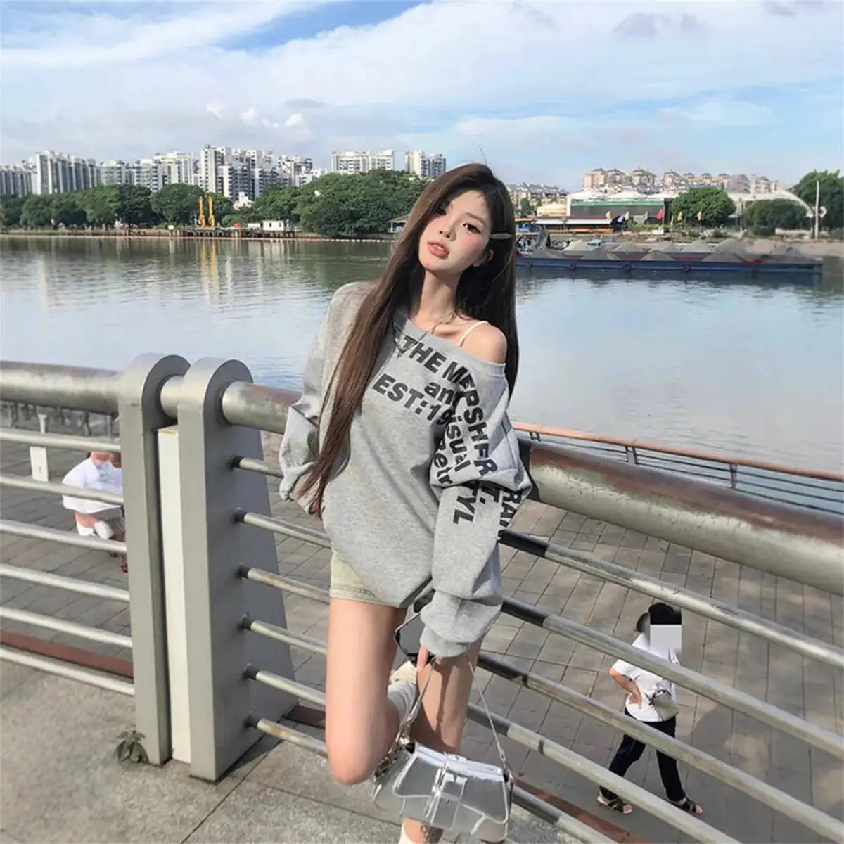 Y2k sexy oversize truien dames streetwear print off-shoulder lange mouw basic top dame herfst winter Koreaanse mode sweatshirt