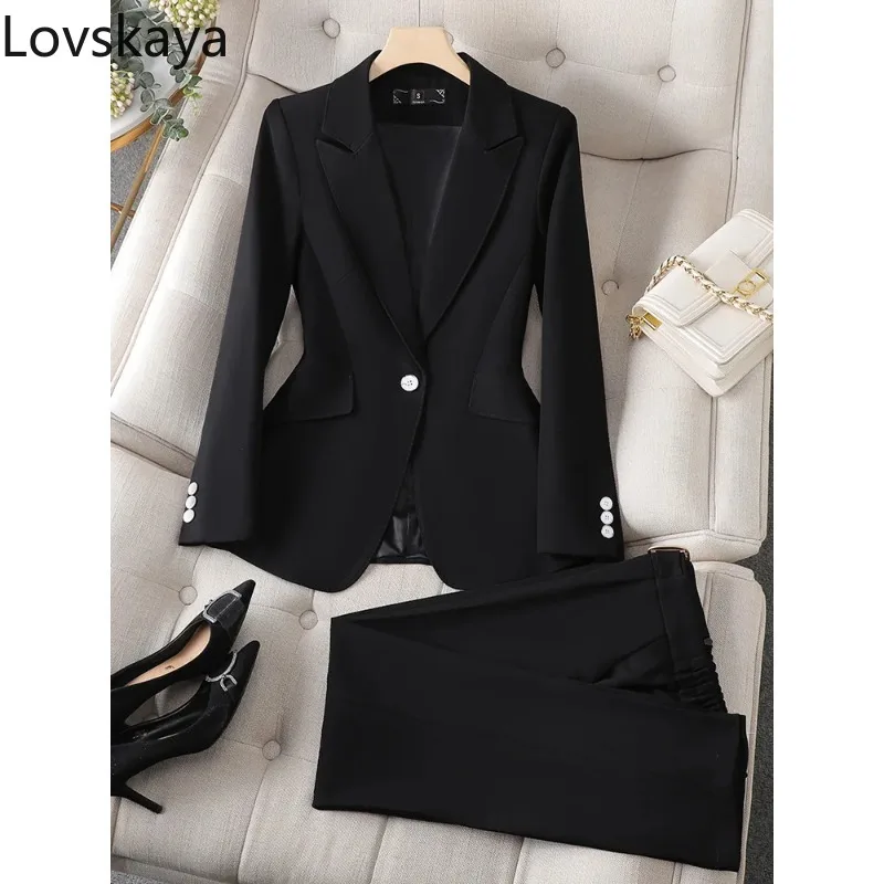 2-Piece Work Wear Set for Women, Blazer Jacket and Trouser, Black and Red, Formal Pant Suit, Office Ladies Business