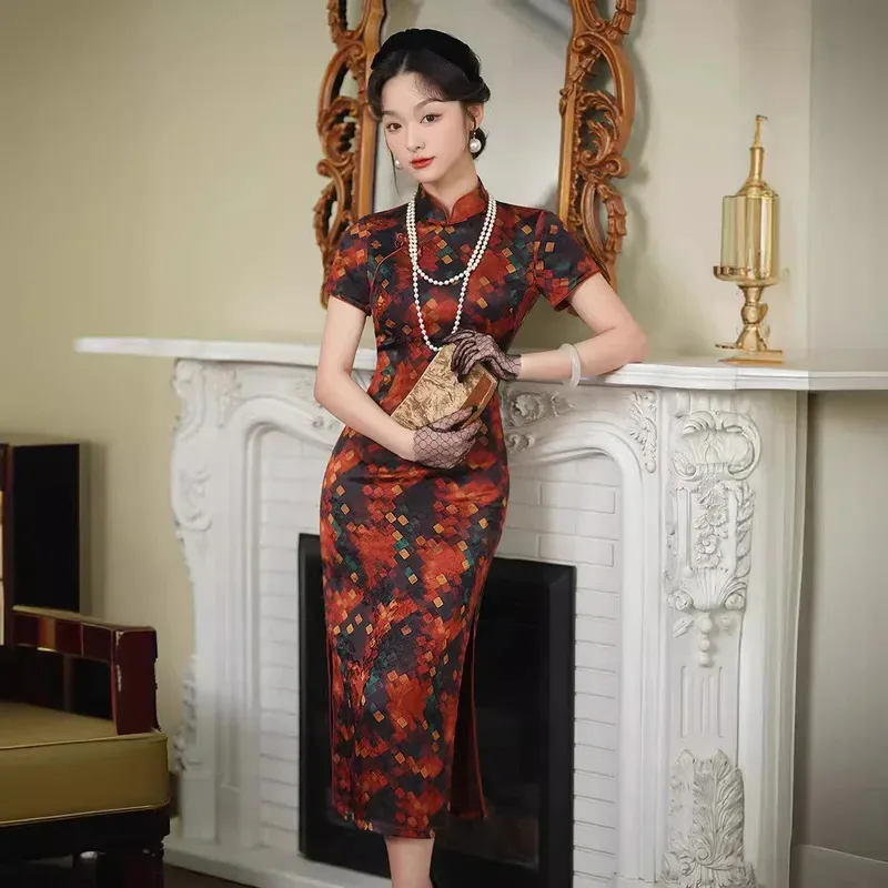 M-4XL الربيع/الصيف عبق سحابة الحرير طويلة قصيرة الأكمام شيونغسام الراقية مزاجه التخسيس اللباس الصيني 5؛ c، 6's.2؛ b'8،