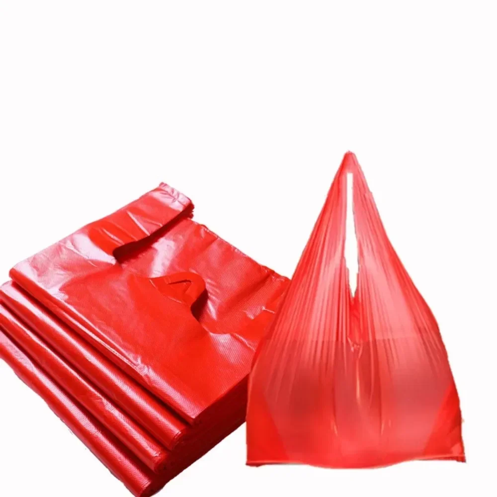 

50pcs Red Plastic Bag Supermarket Grocery Gift Shopping Bag Thicken with Handle Vest Bag Kitchen Storage Clean Garbage Bag