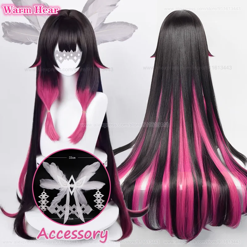 Fatui-Peluca de cabello sintético para Cosplay, cabellera artificial de 105cm de largo, color negro y Rosa mezclado, estilo Anime, resistente al calor, incluye gorro