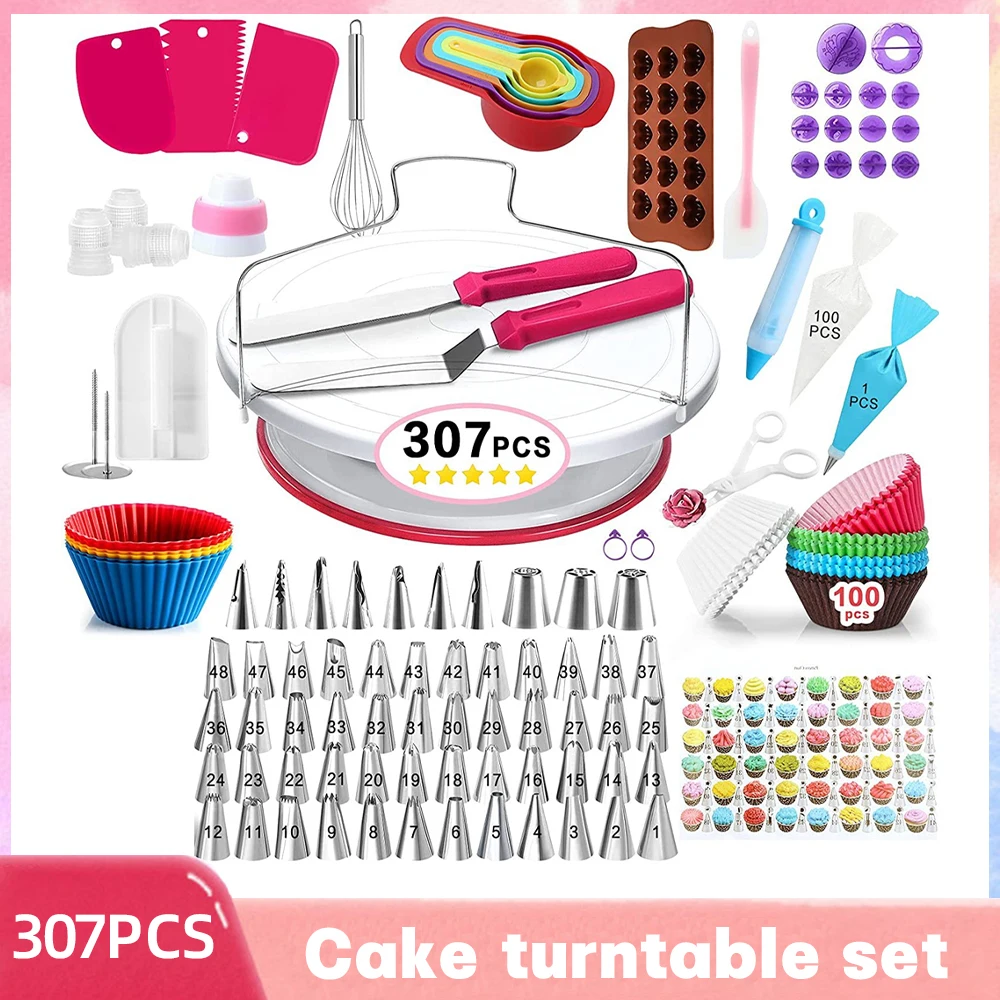 

306/307PCS Cake Decorating Kit With Anti-slip Cake Turntable Piping Bags And Tips Straight & Offset Spatula Pastry Turntable