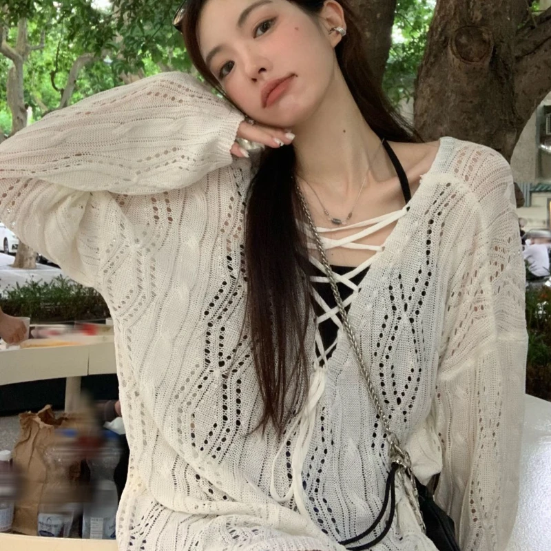 Juspinice White Lazy Style Hollow Strap Sweater Women in Spring and Summer V-neck Long Sleeve Loose Casual Fashionable Smock Top