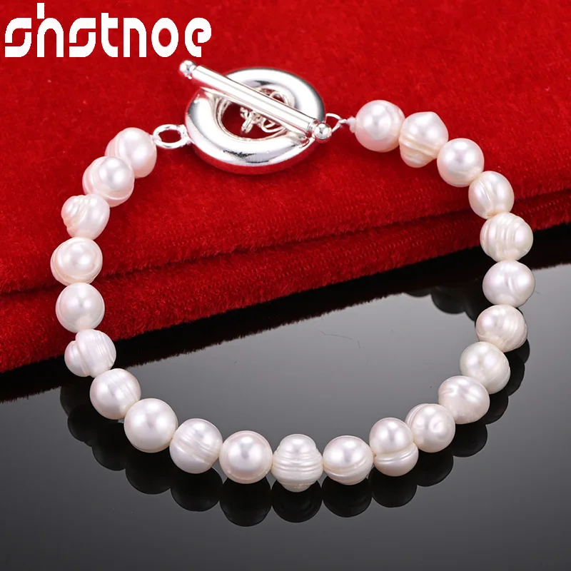 SHSTONE 925 Sterling Silver Artificial Pearls Chain Bracelet For Woman Wedding Accessories Party Birthday Fashion Charm Jewelry