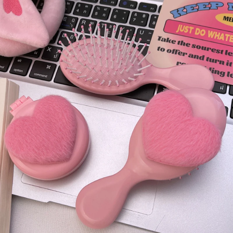 Portable Mini Pink Plush Heart Hair Comb Hair Salon Hairdressing Massage Folding Hair Brush Air Cushion Comb Makeup Beauty Tools