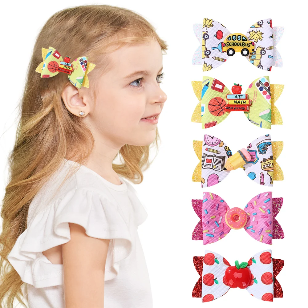 

2 шт./компл., милые заколки для волос с бантиками для девочек, милые заколки для школьного автобуса, заколки-карандаши с принтом ленты, эксклюзивные головные уборы
