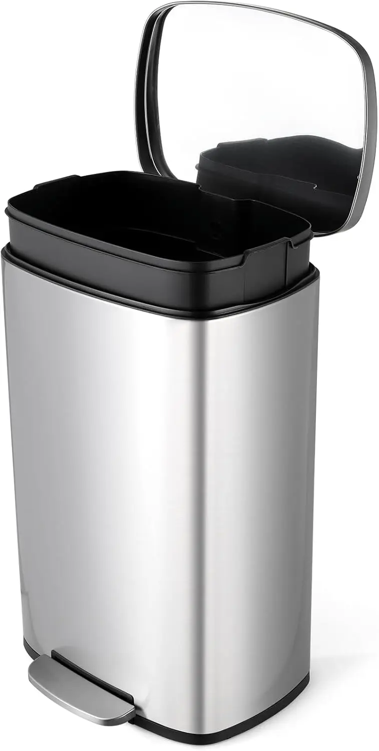 

30L Stainless Steel Trash Can with Soft Close, Step-On Pedal for Home Office