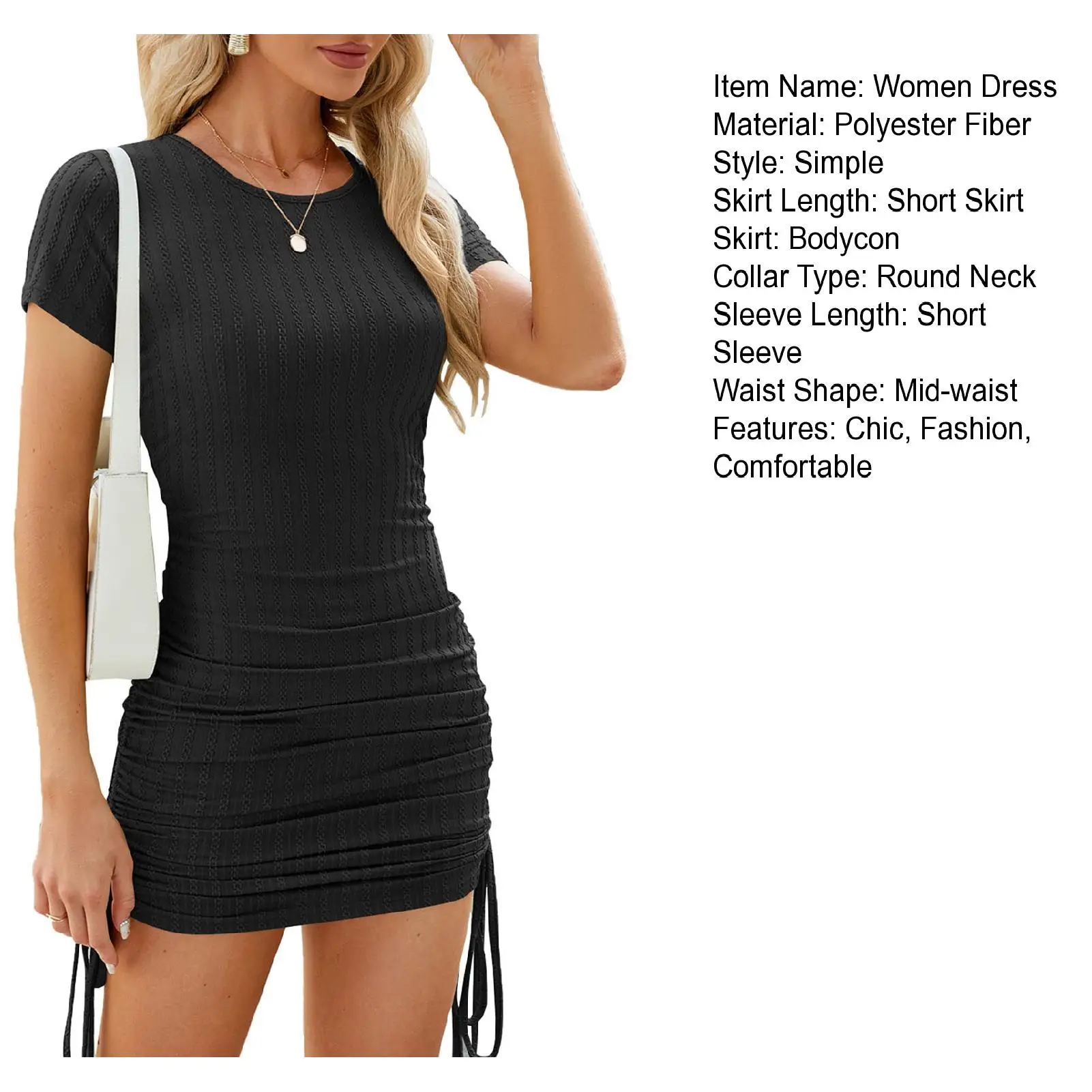 Moda mujer verano Color sólido A-Line vestido diseño Irregular cinturón decoración cuello redondo manga corta acampanada cintura alta vestido delgado