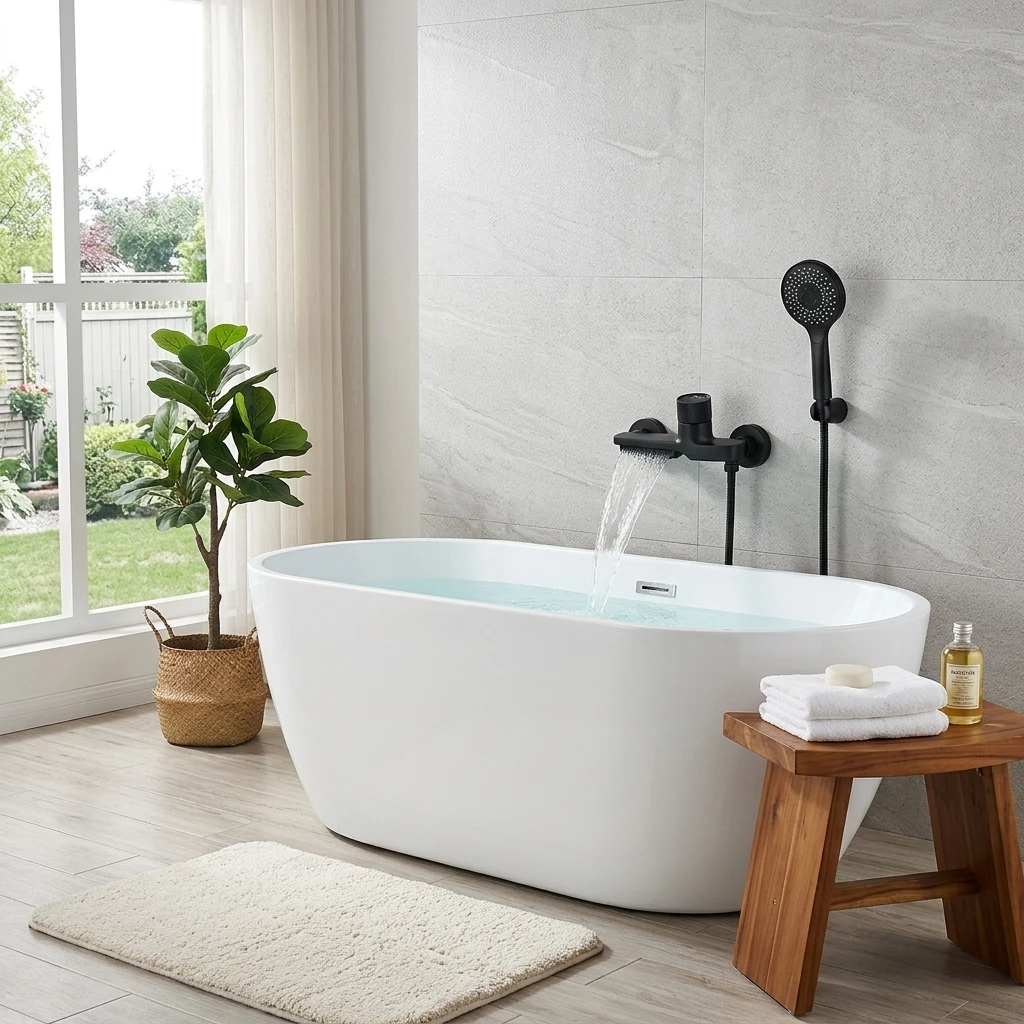 Wall-Mounted Matte Black Bathtub Shower Mixer Tap, Modern Bathroom Faucet with Hot & Cold Control & Concealed Valve
