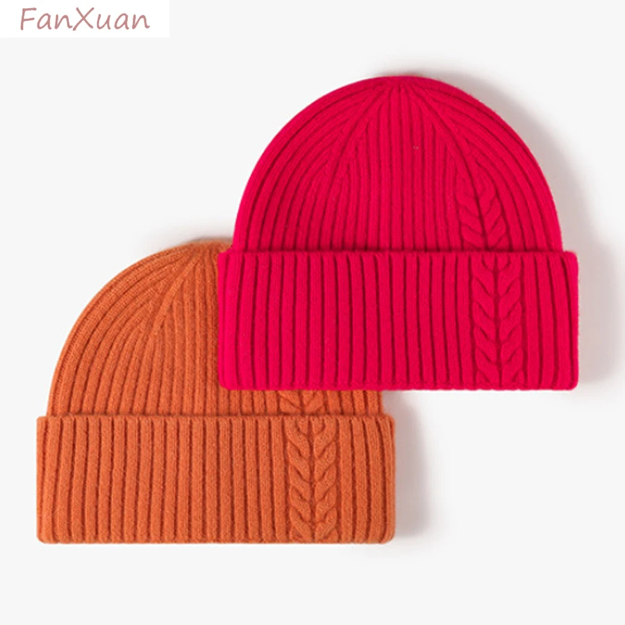 

100% wool winter beanies hats for women solid color twist knitted winter caps unisex