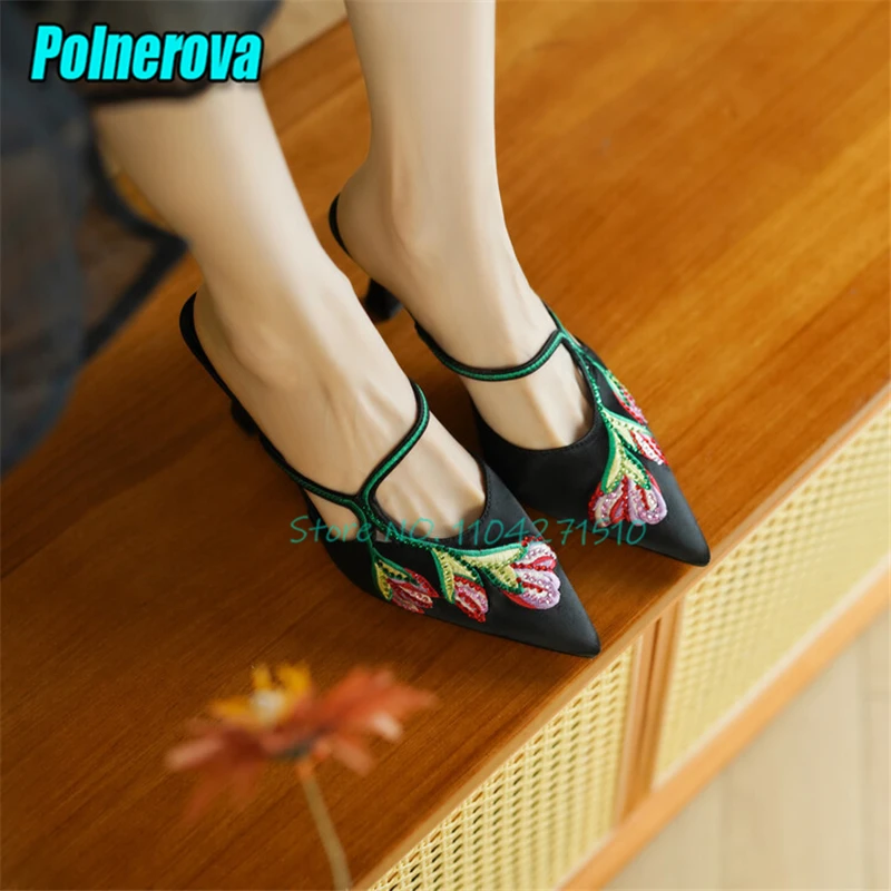 Green Satin Embroidered Pointed Toe 7CM High Heels for Women Sexy Cross Strap Hollow Half Slippers Summer New Party Dress Shoes