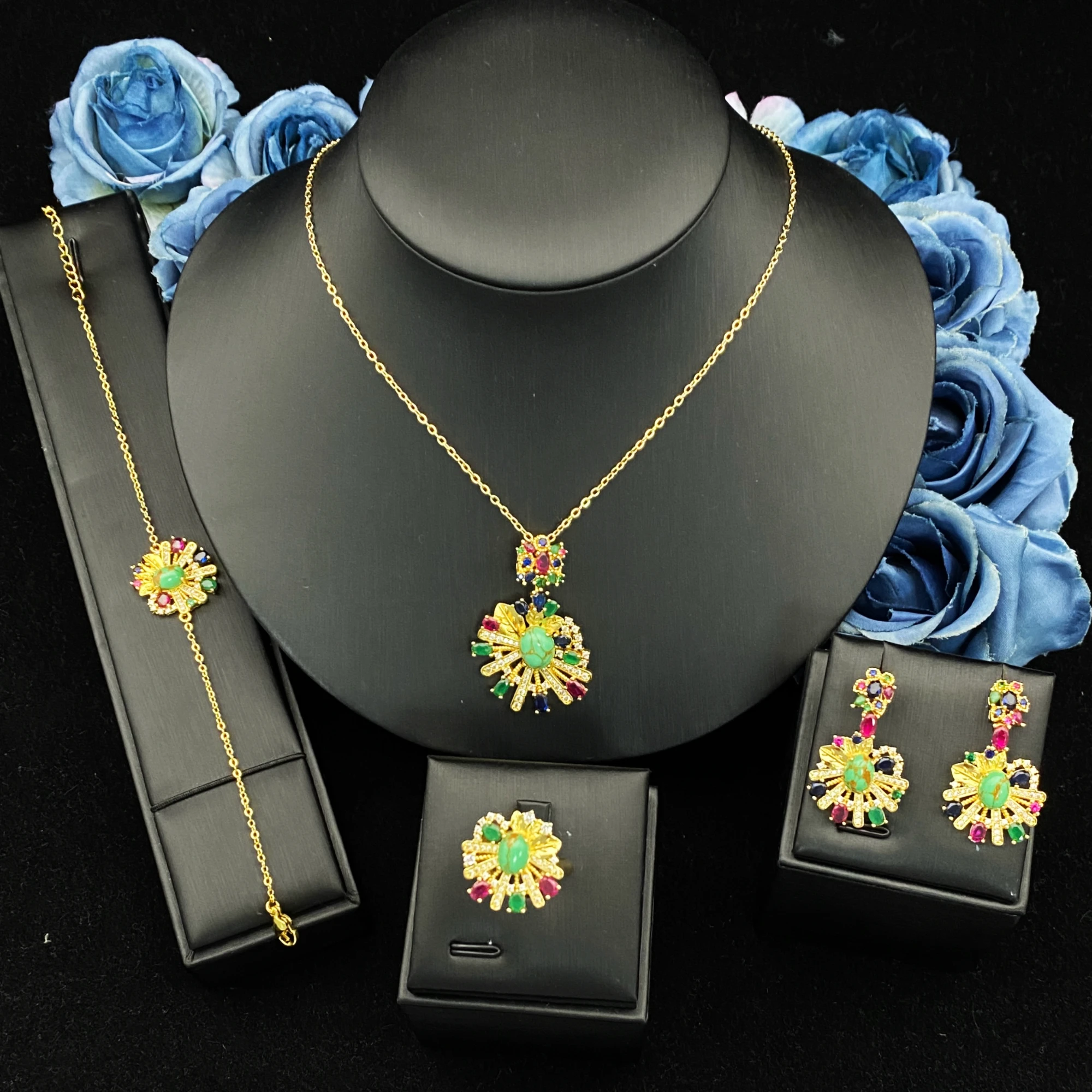 

Trendy Women's Gold Plated Copper Zircon Jewelry Set Bracelet Ring Necklace Earrings Simple Style Gift for JRH Festival