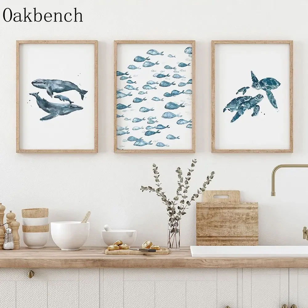 Impresiones artísticas de pared de animales marinos, delfín azul, tortuga marina, pez, pintura, póster, dormitorio, oficina, sala de estar, imágenes en lienzo sin marco