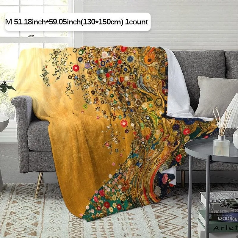 1pc 2D Flat Golden Base Retro Artistic Blooming Life Tree Oil Painting Digital Print Fleece Blanket - 100% Polyester, All-Season