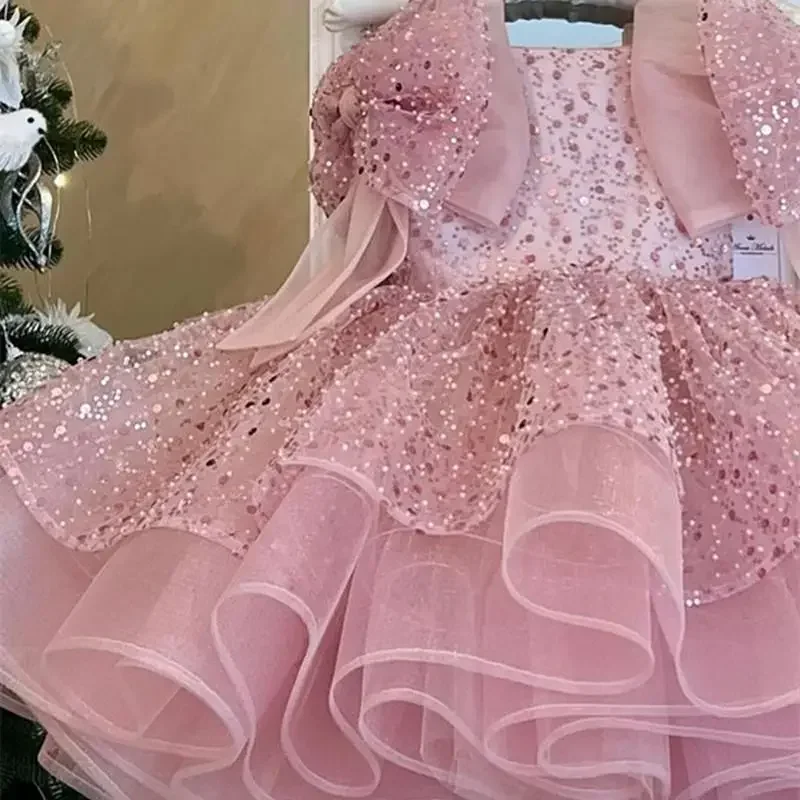 2025 Pink Sweet Cute Girl Princess Dress Sequin Bow Evening Dresses Newborn Baptismal Clothing New Square Neck Fluffy Vestidos