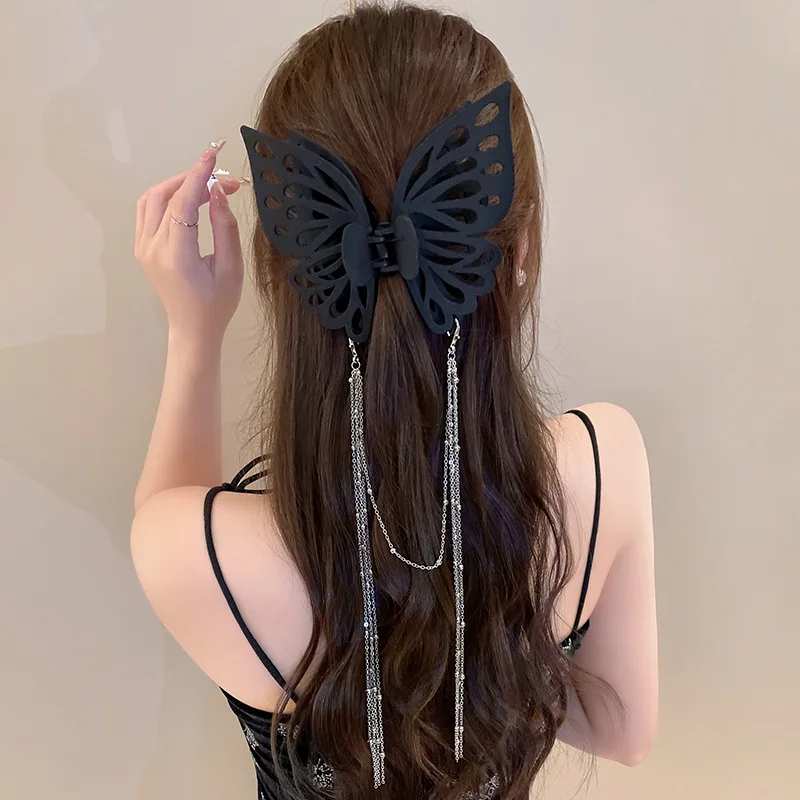 Long Tassel Butterfly Hair Clips for Women Headdress Temperament Elegant Hairpin Black Grab Clip Elegant French Hair Accessories