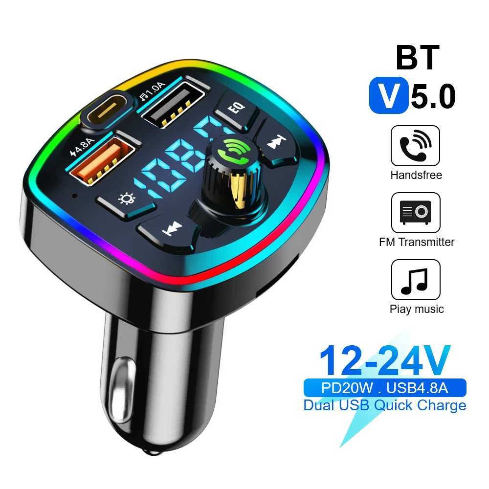 Quick Charger 20W Mp3 True Bluetooth Car Charger Car FM Transmitter Bluetooth Hands Free 4.8A Dual USB Port PD Charging Q7