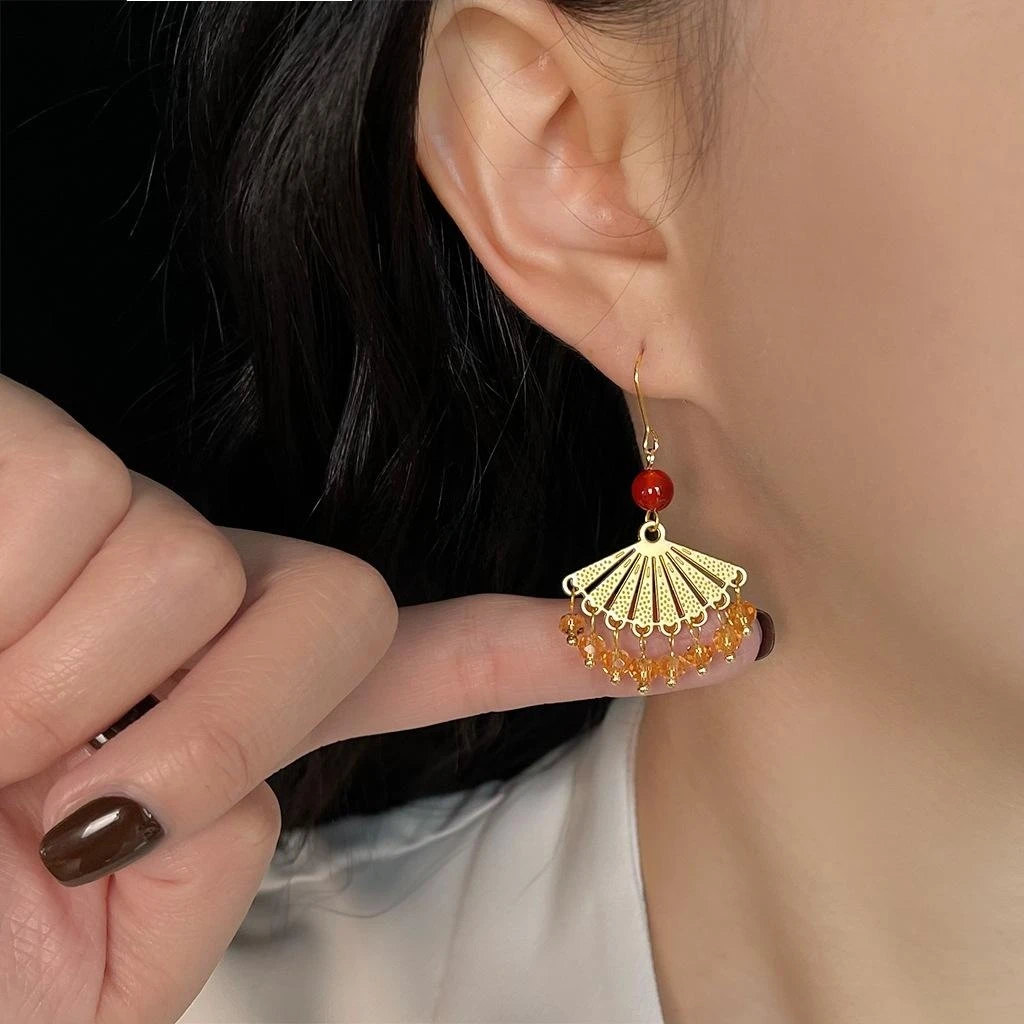 Gold Fan Shape Tassel Dangle Earrings Red Round Bead & Amber Crystal Glass Beads Drop Earrings Vintage Jewelry For Women