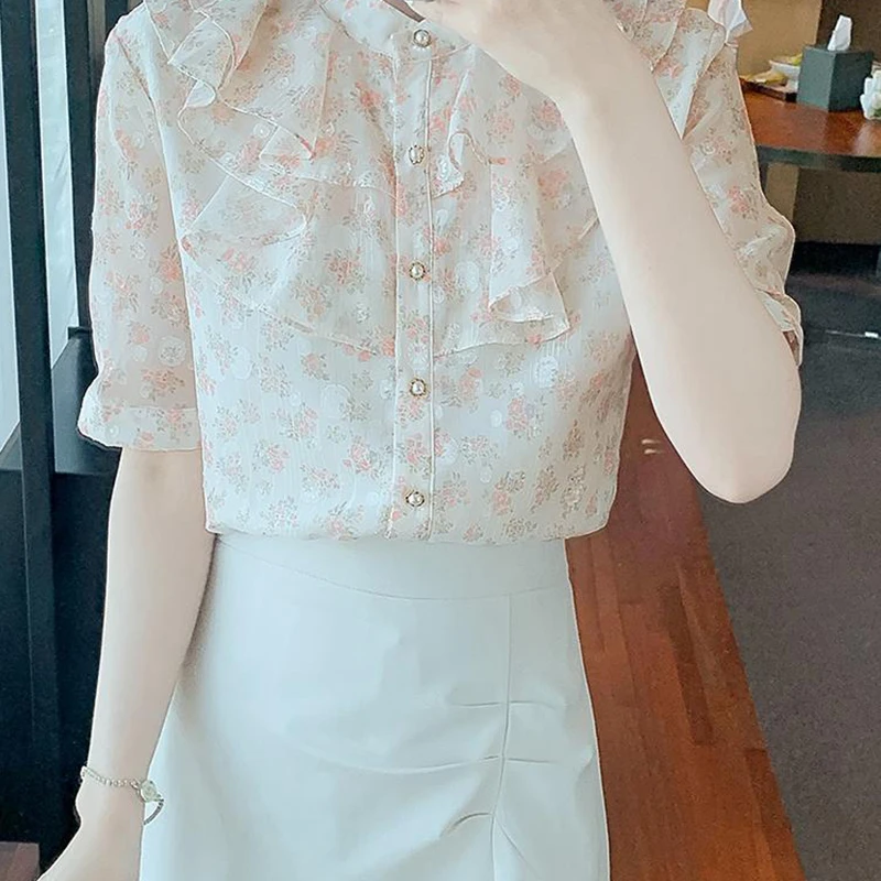 Summer New 2022 Trend Commuting Leisure Elegant Simple Blouse Women Printed Ruffle Bubble Sleeve Chiffon Temperament Lady Shirt