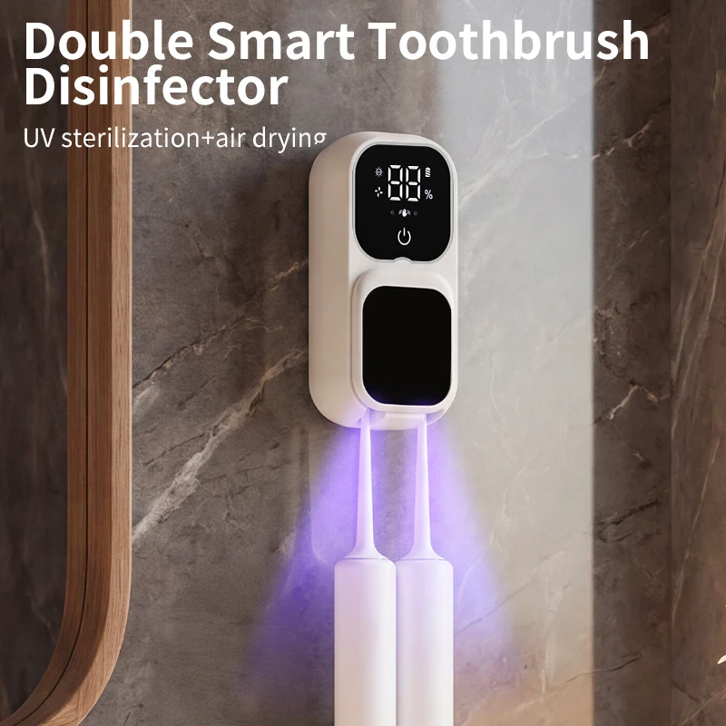 Wiederaufladbarer Intelligenter Doppel-Zahnbürstenhalter mit UV-Sterilisator zur Wandmontage, UV-Desinfektion & Lufttrocknung, Digitale Anzeige