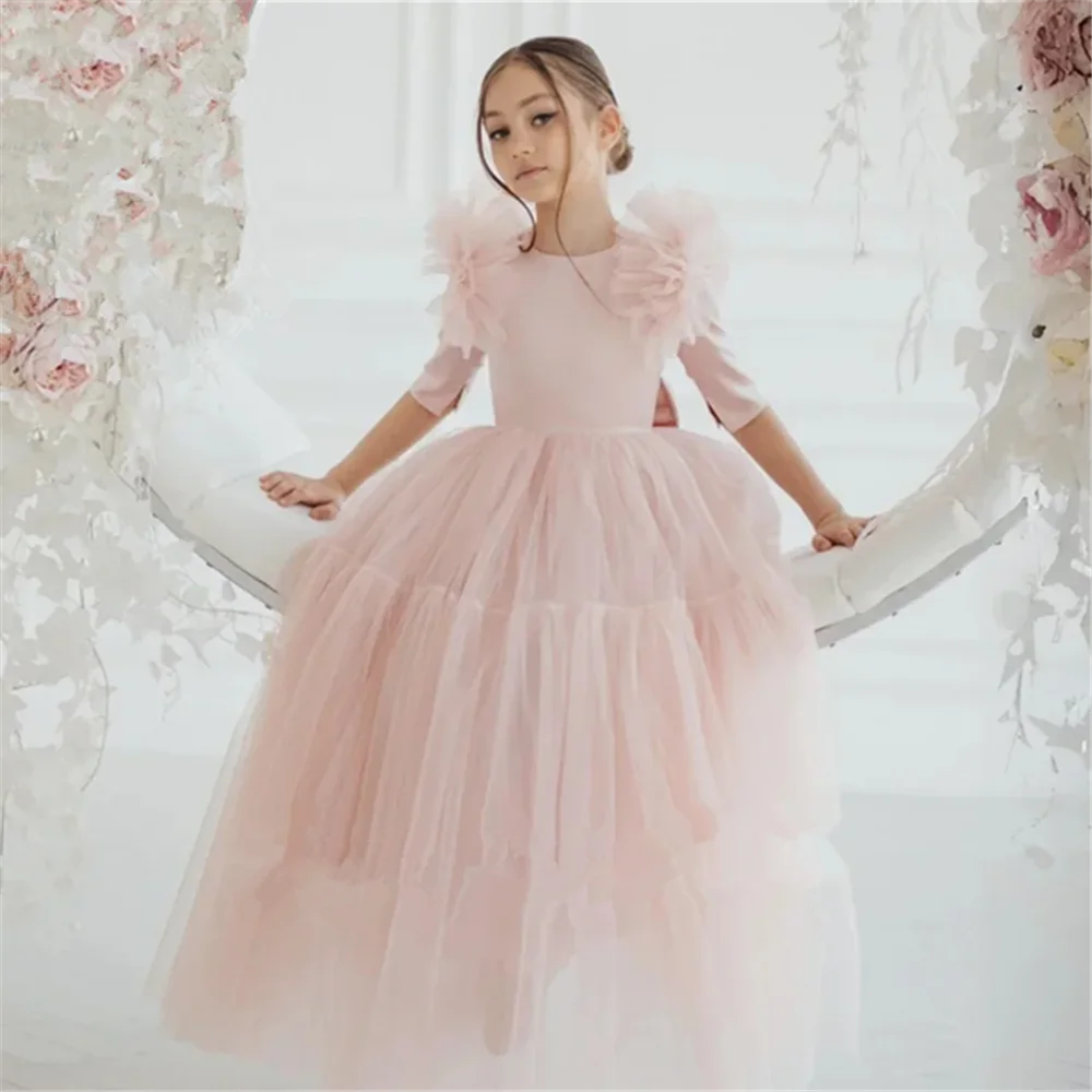 Customized 2025 Flower Girl Dress For Wedding Half Sleeve Pleated Tulle Pageant Kids Birthday First Communion Bridesmaid Gown