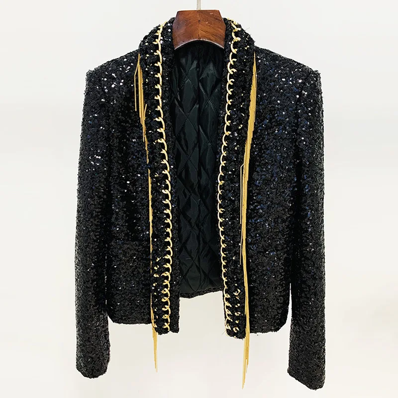 2024 Europe and the United States star fashion new heavy industry fringe chain sequin green fruit collar jacket cardigan coat