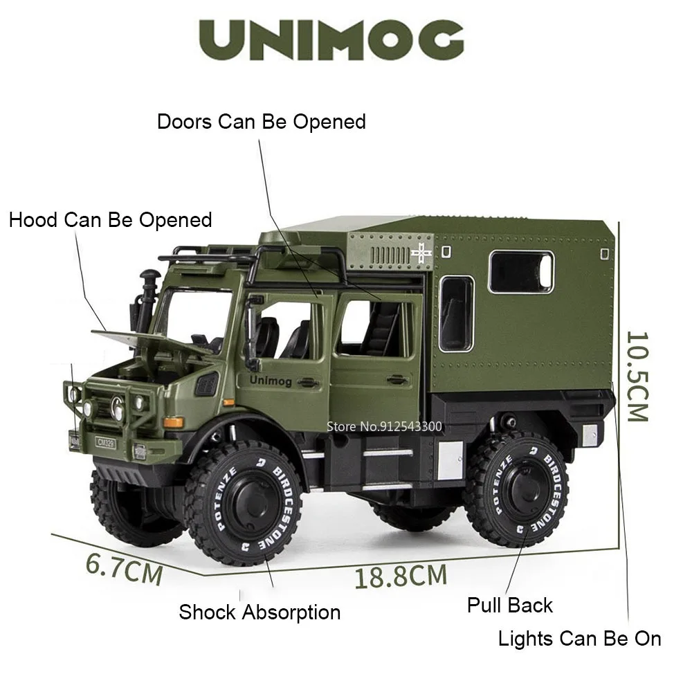 1:28 スケール X クラス 6x6 UNIMOG キャンピングカーキャンピングカーモデルおもちゃ衝撃吸収サウンドライトプルバックオフロード車ボーイズギフト