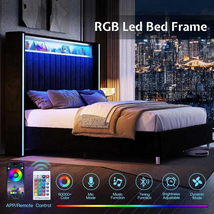 إطار سرير بحجم كينج مع أضواء LED ومحطة شحن سرير بمنصة منجدة مخملية مع 53 لوح رأسي للتخزين طويلًا ونوز