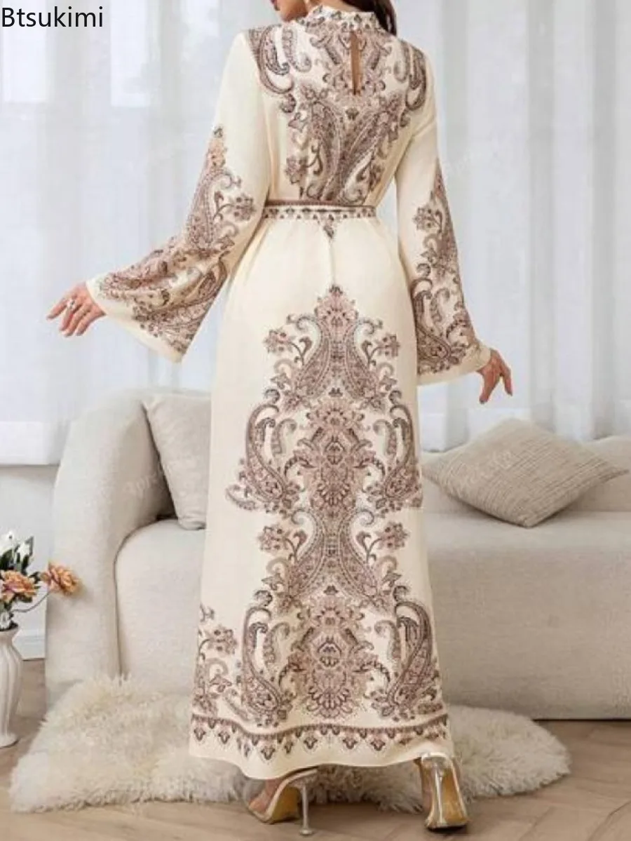 2026 Women's Stand Collar Lantern Sleeve Maxi Dresses Vintage Print Elegant Robe Islamic Clothing Ramadan Muslim Fashion Abayas