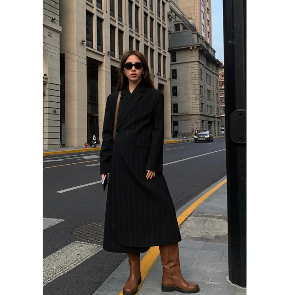 Fashion Chic Black Striped Women Blazer Coat Double Breasted One Piece Female Long Jacket Loose Formal Office Lady Outerwear