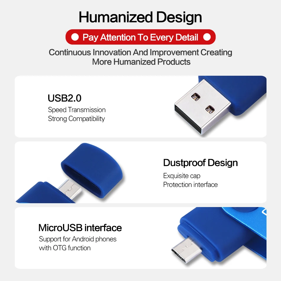 WANSENDA-OTG Metal USB Flash Drive, Pendrive Capacidade Real, Armazenamento Externo, MicroUSB Stick, 16GB, 32GB, 64GB, 128GB, 256GB