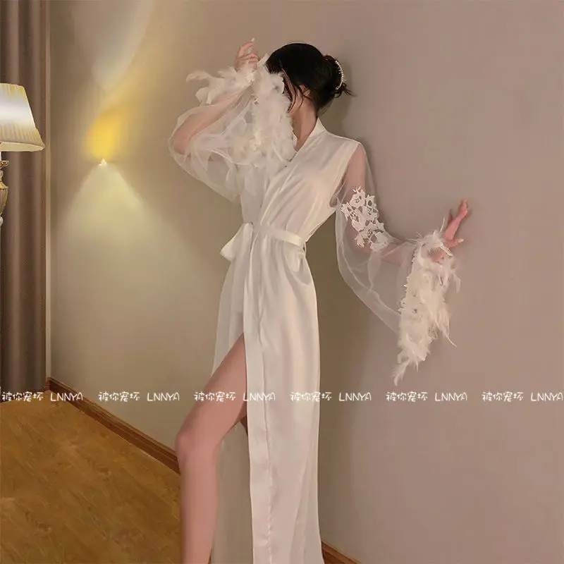 Clothes for Women Pyjama Femme Robe Feather Sexy Silk Long Sleeve Elegant Satin Pajamas Slim Casual Home Fairy Dress Nightwear